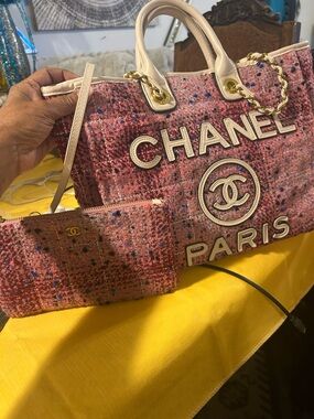 CHANEL Pink Tweed Logo Top-Handle Tote with Matching Pouch